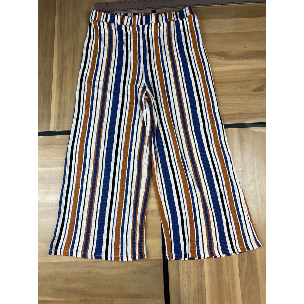 Love Tree Women Blue Rust Striped Wide Leg Pants Ribbed Culottes Large 6349PK